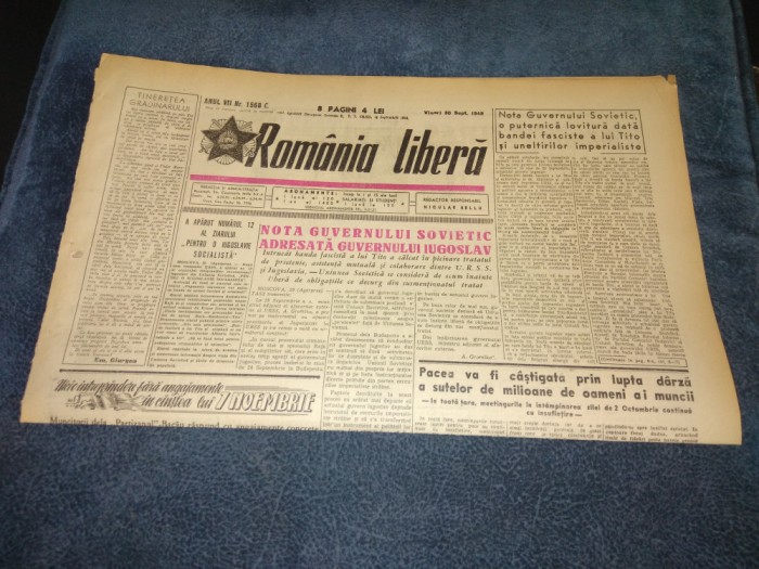 ZIARUL ROMANIA LIBERA 30 SEPTEMBRIE 1949