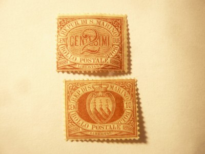2 Timbre San Marino 1894 : 2c cu pliu , si 10c foto