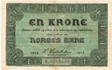 Bancnota Norvegia 1 Krone 1917, Seria 0318442, P-13