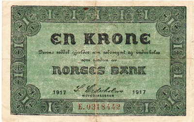 Norvegia 1 Krone 1917 P-13 Seria 0318442 foto