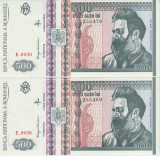 Romania, 2 consecutive profil 500 lei 1992_aUNC+_fara pliuri_E. 0030_255469/470