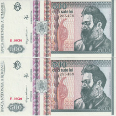 Romania, 2 consecutive profil 500 lei 1992_aUNC+_fara pliuri_E. 0030_255469/470