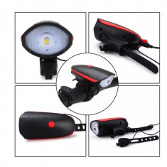 Lumina LED Far cu claxon pentru bicicleta, incarcare USB, 3 moduri de iluminare