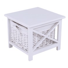 Noptiera din lemn cu cos din rachita captusit cu textil alb Rafaello 36x37x30 cm