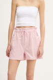 Tommy Jeans pantaloni scurți din amestec de in femei, culoarea roz, cu imprimeu, high waist, DW0DW20360