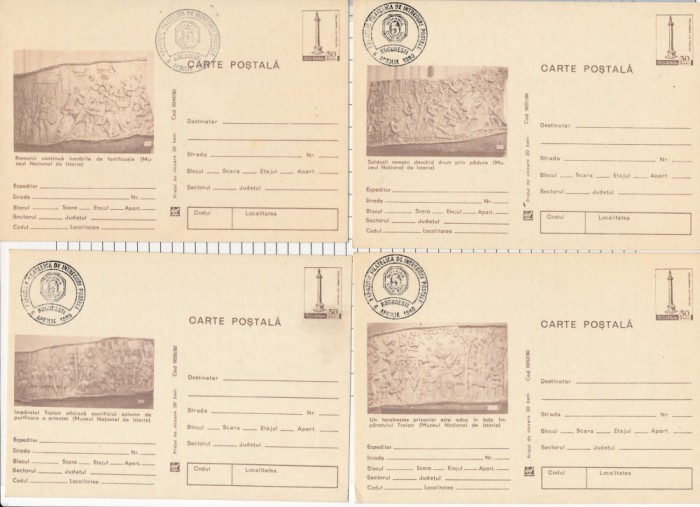 Set complet 12 intreguri postale Columna lui Traian 1980 (necirculate, tiparite - maro) Stampila Expozitie Intreguri Postale