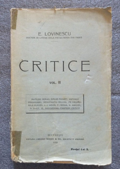 E. Lovinescu - Critice (vol. II, princeps) (1910)