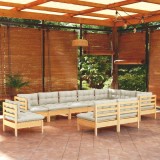 Cumpara ieftin Set mobilier grădină cu perne crem, 10 piese, lemn masiv de pin