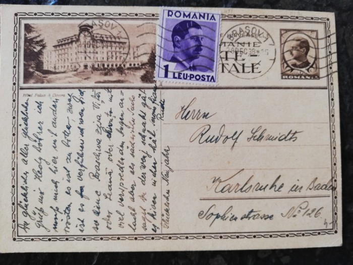 Carte postala circulata Brasov-Karlsrue,1938,francat Carol II, perfecta