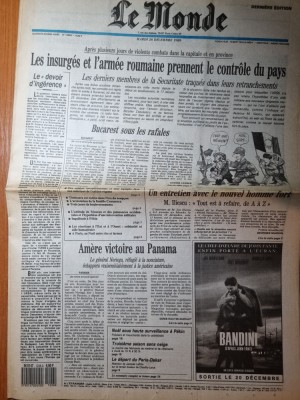 ziarul francez &amp;quot;le monde&amp;quot; 26 decembrie 1989-articol si foto revolutia romana foto