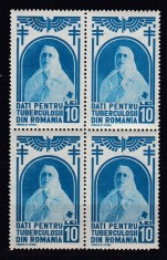 ROMANIA 1937/47 TIMBRE AJUTOR ASISTENTA SOCIALA REGINA MARIA DATI PENTRU TUBERCULOSII DIN ROMANIA 10 LEI ALBASTRU BLOC DE 4 TIMBRE STARE MNH