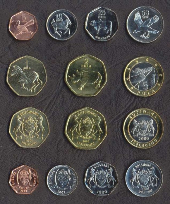 BOTSWANA SET COMPLET DE MONEDE 5+10+25+50 Thebe +1+2+5 Pula 2000-2007 UNC