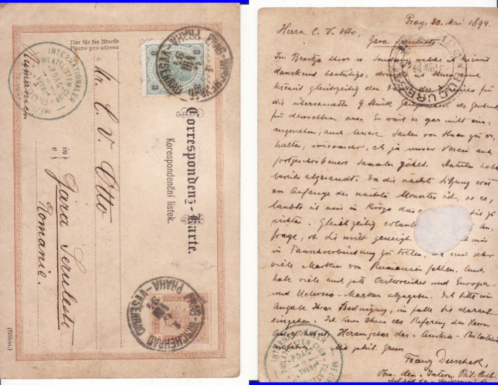 Carta postala 1894 -stampila Sarulesti, Club Filatelic Praga, Franz  Duschek, Inainte de 1900 | Okazii.ro