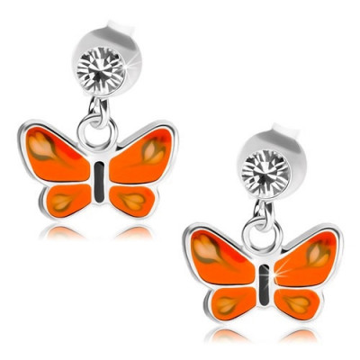 Cercei cu şurub, argint 925, cristal transparent, fluture cu aripi portocalii foto