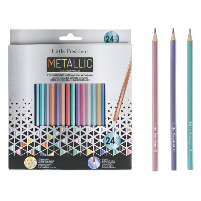 Set Creioane Colorate Little President, Model Metallic, 24 Bucăți, Culori Multicolore, Varf Subtire