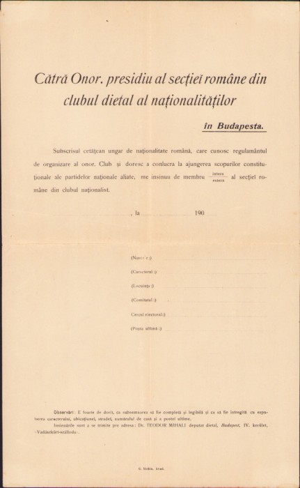 HST A426 Formular cerere &icirc;nscriere Clubul dietal al naționalităților 1905
