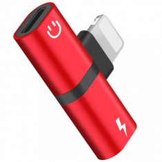 Mini Adaptor iUni compatibil cu Apple iPhone, Lightning Splitter, Dual port, Adaptor Casti, Adaptor incarcare, Red foto