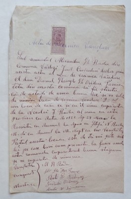 Act de vecinică v&amp;acirc;nzare &amp;ndash; Vărlezi, județul Covurlui &amp;ndash; 1922 &amp;ndash; cu timbru fiscal 5 lei foto