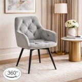 Cumpara ieftin Scaun stil fotoliu bucatarie/living, Artool, York, rotativ, catifea gri argintiu, picioare metal negru, 56x61x84 cm