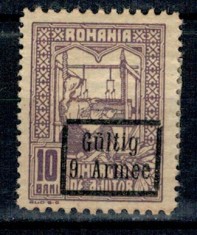 1918 - Ocupatia germana in Romania, Armata 9., Timbru de Ajutor, supratipar cadru gros, nestampilat cu sarniera