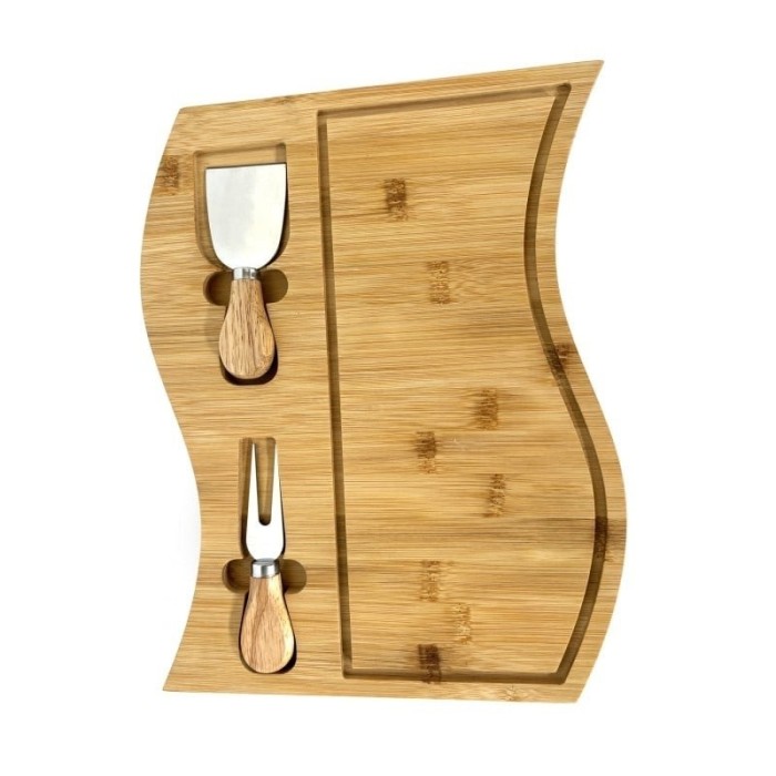 Platou pentru branzeturi, din bambus, cu 2 accesorii pentru servire, dimensiuni 26 x 33 cm, maro