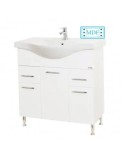 Baza si lavoar ceramic GN1531, mobilier baie stativ 80 cm, front MDF, 3 usi, 2 sertare, balamale soft close, picioare cromate reglabile, alb