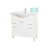 Baza si lavoar ceramic GN1531, mobilier baie stativ 80 cm, front MDF, 3 usi, 2 sertare, balamale soft close, picioare cromate reglabile, alb