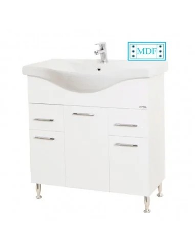 Baza si lavoar ceramic GN1531, mobilier baie stativ 80 cm, front MDF, 3 usi, 2 sertare, balamale soft close, picioare cromate reglabile, alb