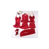 Cumpara ieftin Set Pijama De Dama 5 Piese Din Satin, Rosu - ANI112