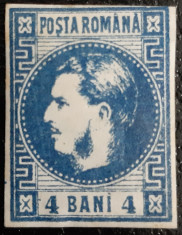 ROMANIA 1868 CAROL I , 4 bani ALBASTRU INCHIS , H.GROASA (carton). L.P 23b. MLH. foto
