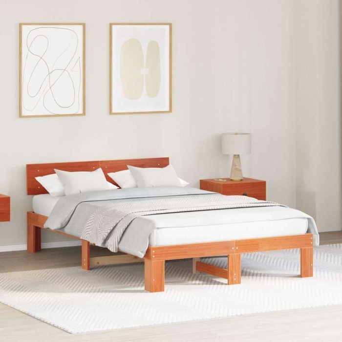vidaXL Cadru de pat cu headboard Maro 135 x 190 cm Lemn masiv de pin 872661