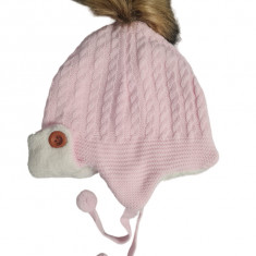 Caciula imblanita tricotata cu pompom, Roz, 0-12 luni