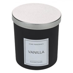 Lum&acirc;nare Parfumată, Home Fragrance, Vanilie, Culoare Albă, Pahar Negru, Capac Metalic, Diametru 8.5 cm, &Icirc;nălțime 9 cm