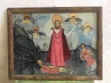 colectie / arta / religie - Icoana veche Invierea Domnului pictura naiva pe sticla in rama de lemn / Transilvania !