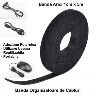 VELCRO banda textila cu arici 1cm x 5m negru foto