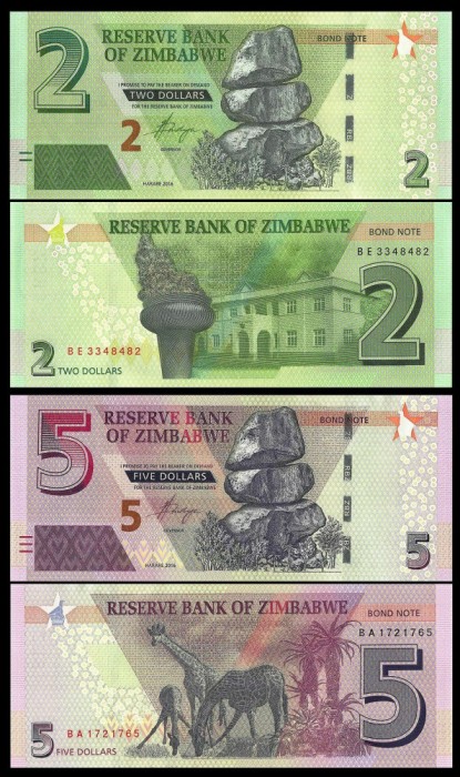 ZIMBABWE █ SET COMPLET █ 2 + 5 Dollars █ 2016 █ P-99-100 █ UNC █ necirculata