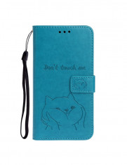 Husa flip cover Samsung A11, albastra, piele, sloturi card, model Embossed Shiba Inu foto