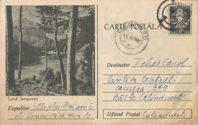 *Romania, Lacul Scropoasa, c.p. 1 circulata intern, 1958 foto