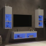Unități de perete TV cu LED-uri, 6 piese, alb, lemn prelucrat
