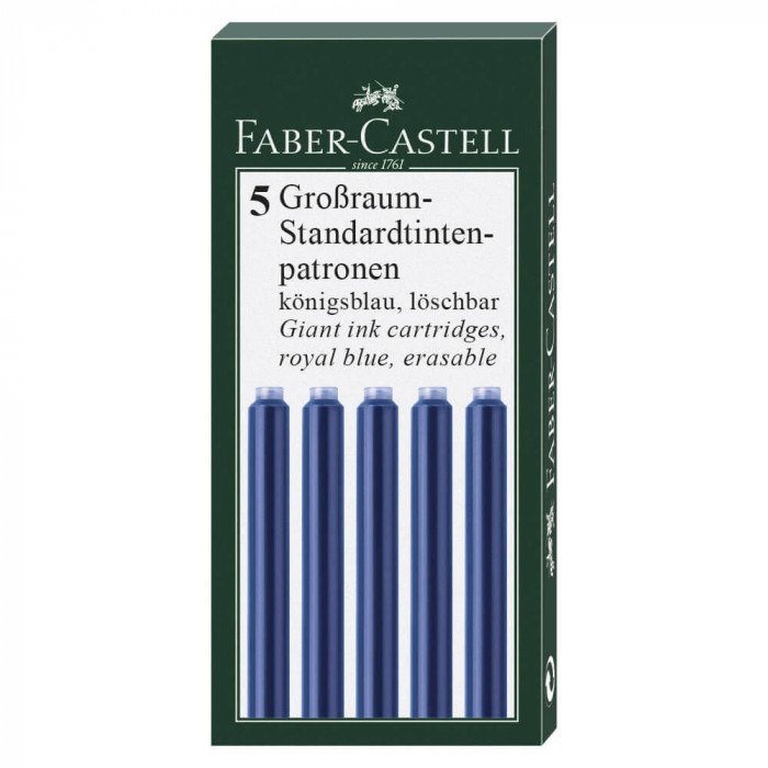 Set 5 Cartuse Mari cu Cerneala Faber-Castell, Albastra, Cartuse Cerneala, Rezerva Cerneala, Patorane Cerneala, Mine Stilou, Mine pentru Stilou, Mine d