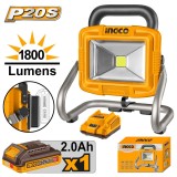 Proiector LED 20V 20W 1800 Lumeni cu Acumulator 2.0Ah si Incarcator CWLI20258 &ndash; lampa de lucru profesionala cu 2 moduri iluminare