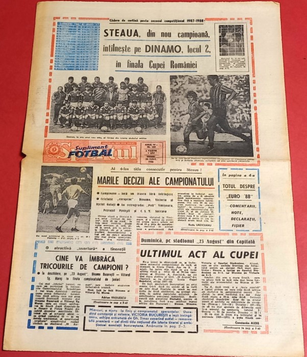 Ziarul Sportul Supliment FOTBAL 24.06.1988 (Steaua Bucuresti-Campioana Romaniei)