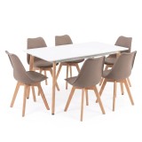 Set Sufragerie Leziter Silla 150 6+1 Alb-Bej - Masa 150cm MDF, Scaune Polipropilena Lemn Fag