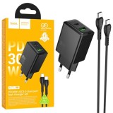 Incarcator Retea Hoco N71 + Cablu USB-C 1m, PD30W + QC3.0, 5V 3A, Fast Charge, 1xUSB-C + 1xUSB, Negru