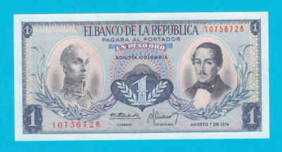 Columbia 1 Peso Oro 1974 &amp;#039;Condor&amp;#039; UNC serie: 10756728 foto