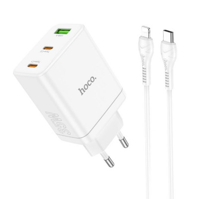 Incarcator pentru Priza USB, 2x Type-C, PD35W + Cablu Type-C la Lightning, Hoco Start (N33), White foto