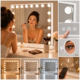 Oglindă de machiaj Hollywood albă 80x62cm, 18 LED-uri, lumină reglabilă, oglindă mărire X10, Bluetooth