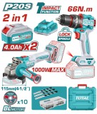 TOTAL - KIT COMBO 20V 4.0Ah- MASINA DE GAURIT CU IMPACT, POLIZOR UNGHIULAR (INCLUDE 2 ACUMULATORI, 1 PowerTool TopQuality