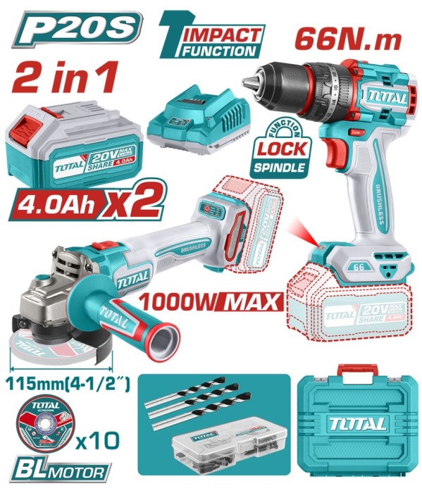 TOTAL - KIT COMBO 20V 4.0Ah- MASINA DE GAURIT CU IMPACT, POLIZOR UNGHIULAR (INCLUDE 2 ACUMULATORI, 1 PowerTool TopQuality