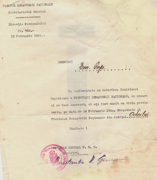 Autograf: Scrisoare Constantin C. Giurescu catre omul politic Emil Pop-Cluj 1940